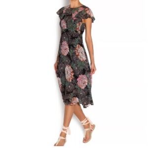 Zara Vintage floral black/pink/white Crew Neck Sheer silk blend midi dress+slip